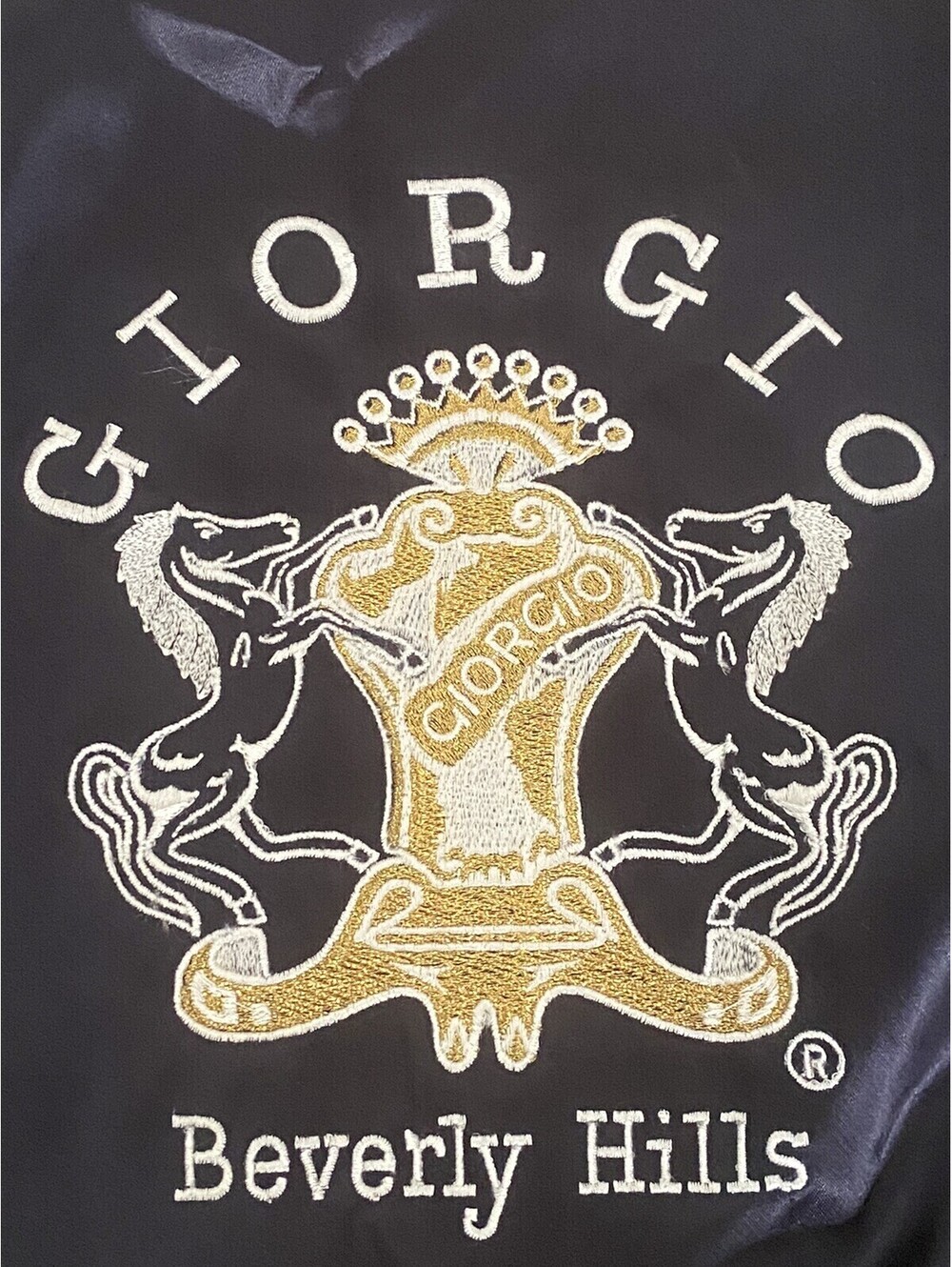 Vintage 80’s Giorgio Beverly Hills Navy Blue Men's Satin Bomber Jacket Size L.